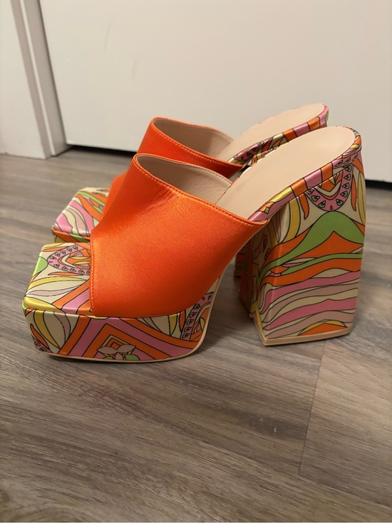 Shoes - Orange Platform Mule Heels with Retro Pattern